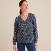 Blusa con cuello en V, estampado floral, manga larga