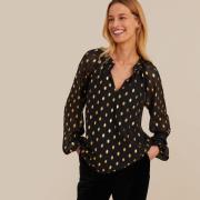 Blusa con cuello de pico, de lunares, manga larga